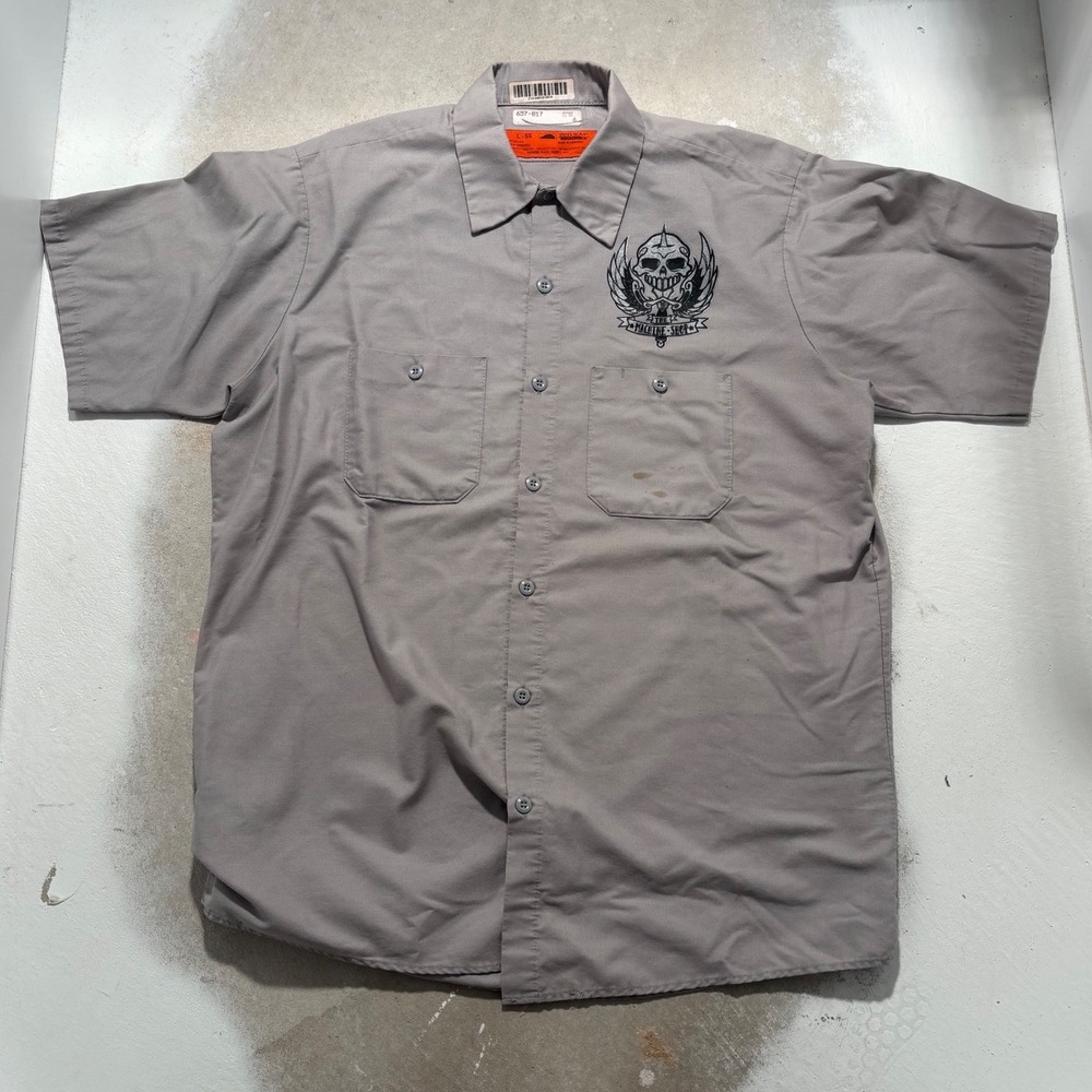 Red Kap The Machine Shop Flint MI Work Shirt Gray Mens Large Skull Graphic Shirt